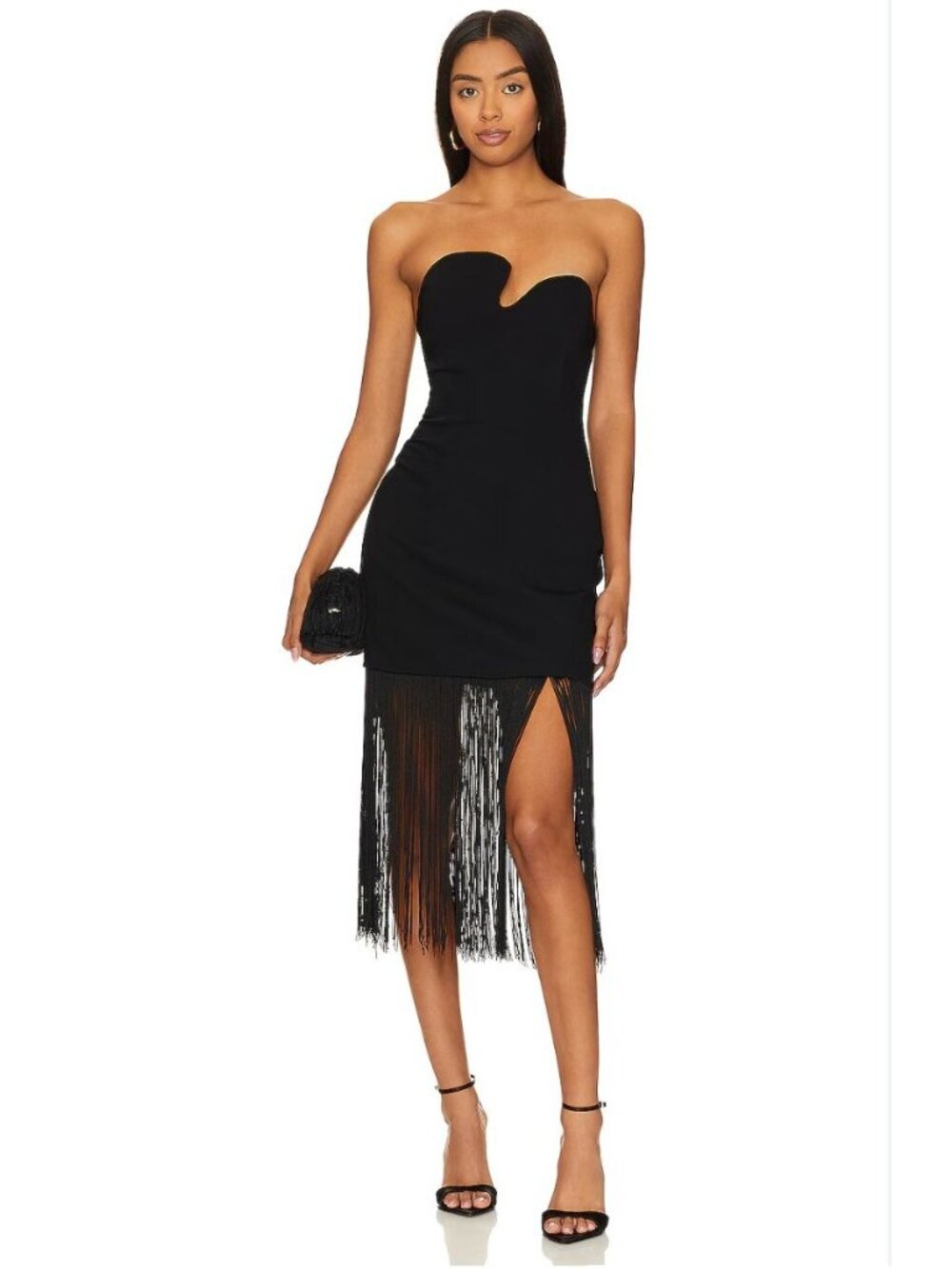 Amanda Uprichard Black Strapless Fringe Midi Dress